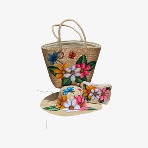 Floral Hand Painted Beach Bag with Matching Hat & Makeup Bag !